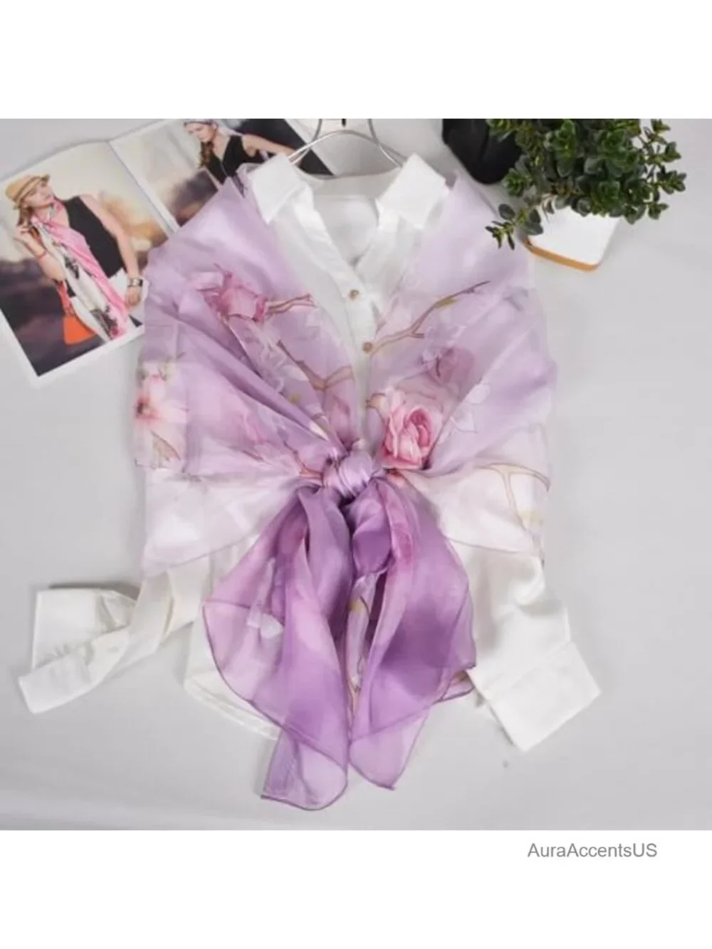 100% Mulberry Silk Chiffon Scarf, Printed Long Shawl, Lightweight Oversized